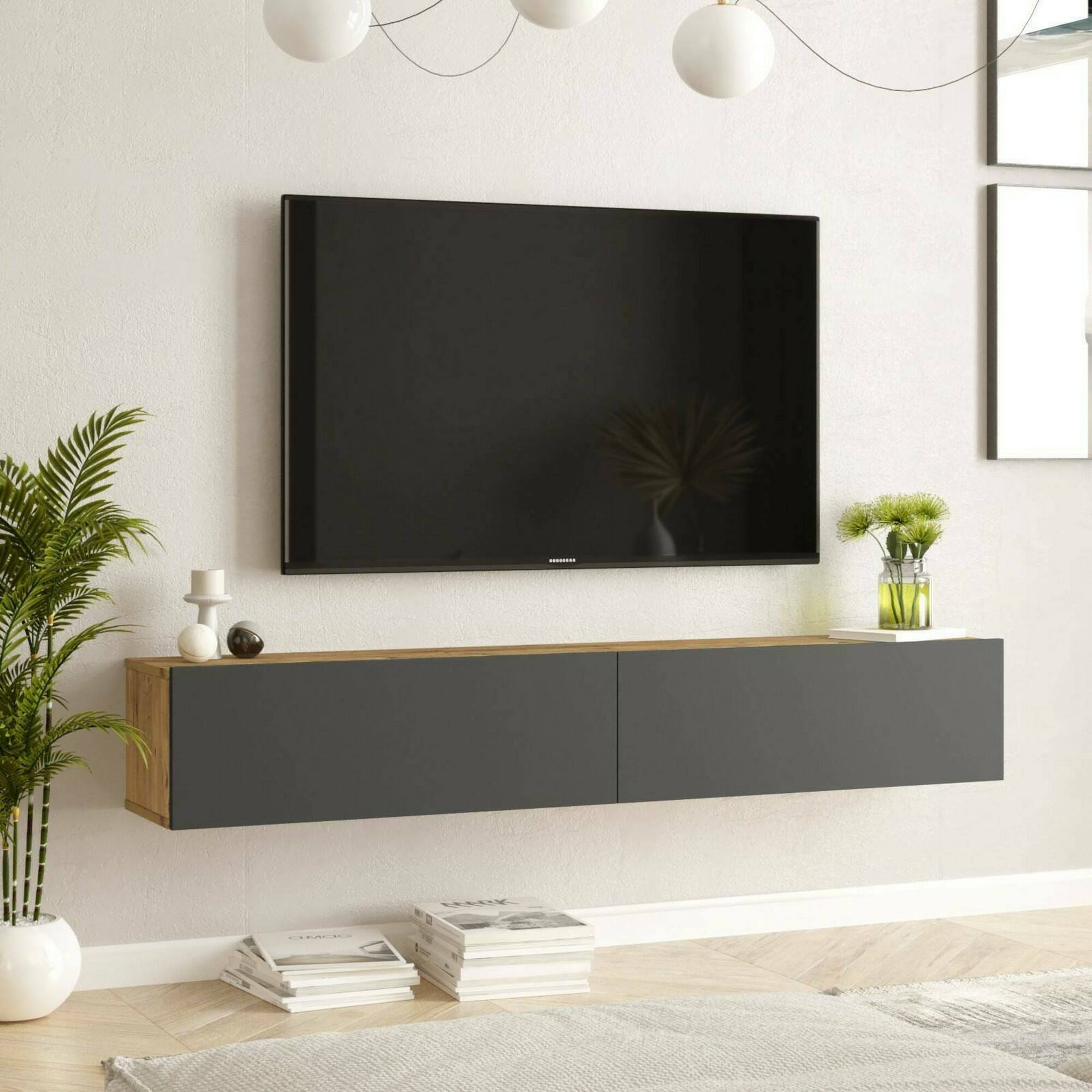 Mobile porta TV Dpirche, Credenza da soggiorno, Armadio basso per TV, Base parete attrezzata, 180x32h30 cm, Quercia e Antracite