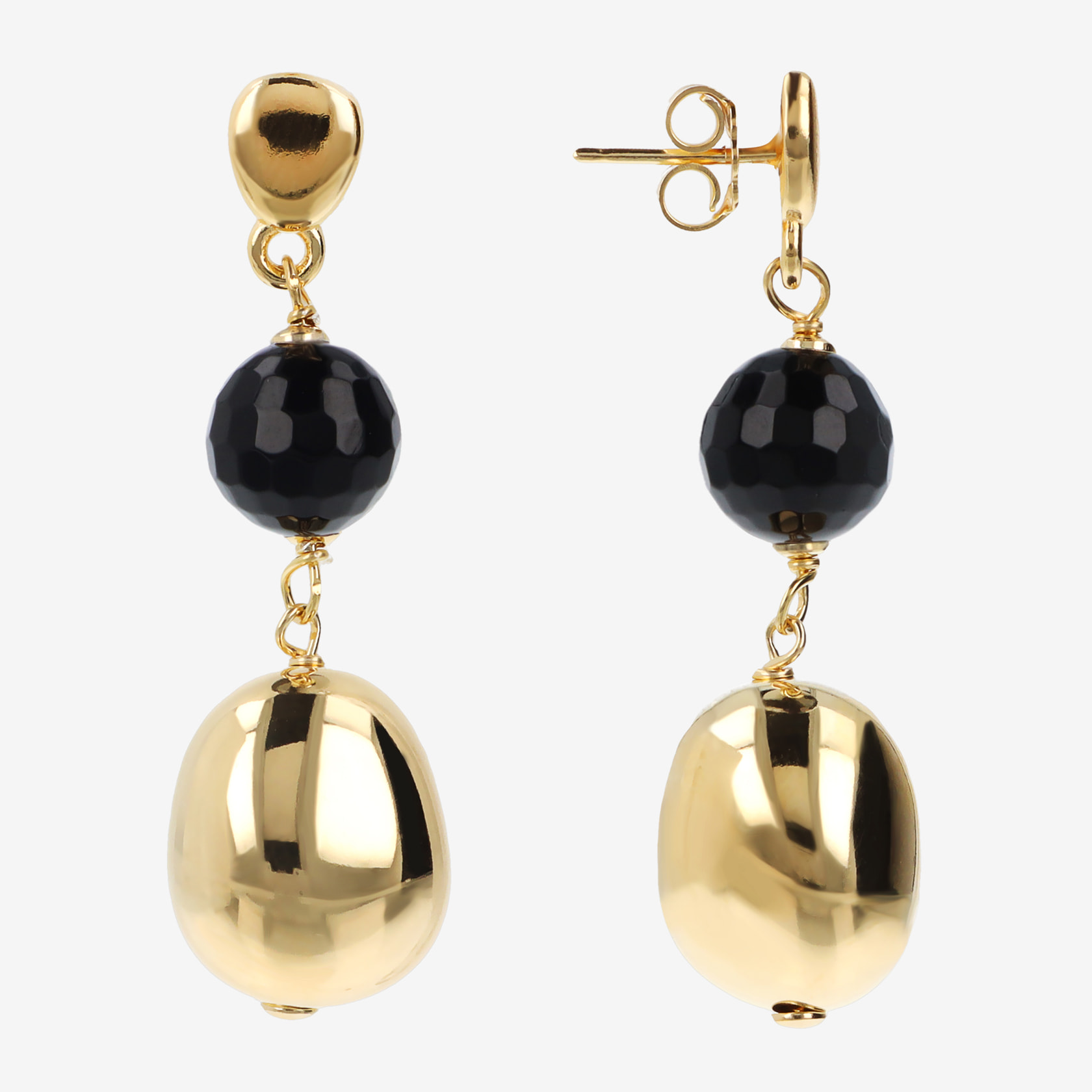 Orecchini Pendenti in Argento 925 placcato Oro Giallo 18Kt con Pepite Elettroformate e Pietre Naturali in Onice Nero Sfaccettato