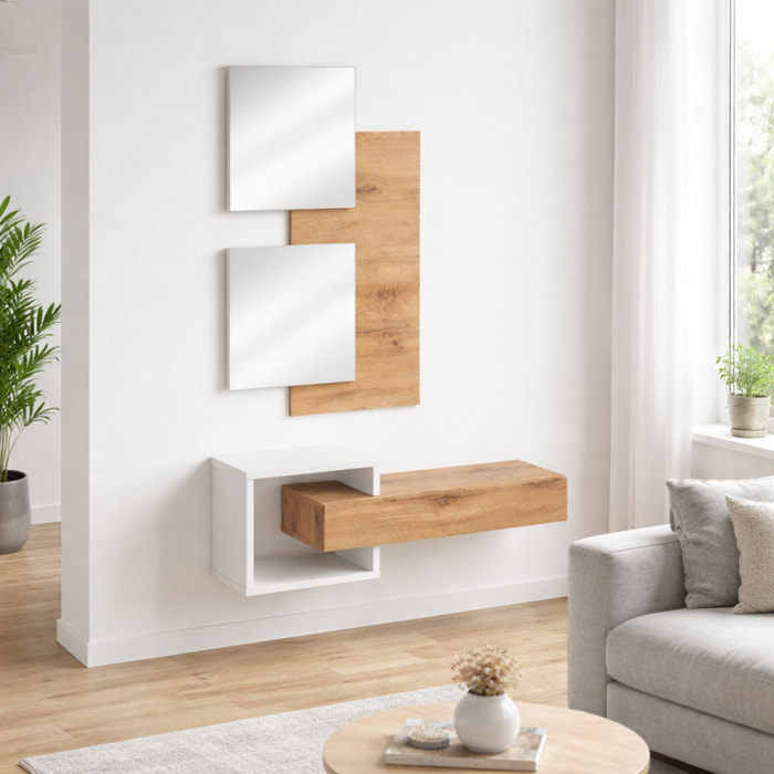 Set Ingresso Moderno Con Specchi Pensile A Giorno Mensola Con Cassetto Salvaspazio Mobile Da Parete 100 x 160 x 30 Cm Bianco E Rovere