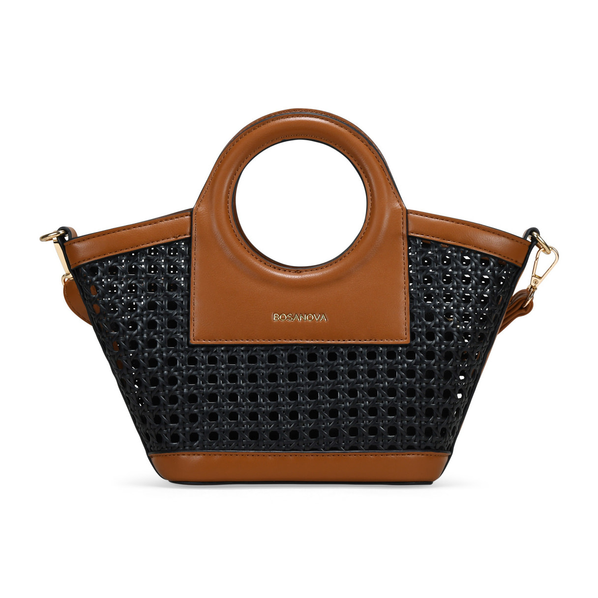 Bolso de mano negro pequeño con rejilla de mimbre