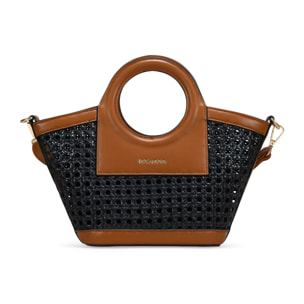 Bolso de mano negro pequeño con rejilla de mimbre