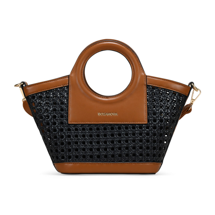 Bolso de mano negro pequeño con rejilla de mimbre