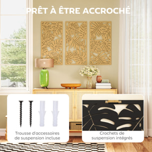 Déco murales feuilles exotiques - tableau triptyque - 40 x 80 cm - effet bois naturel