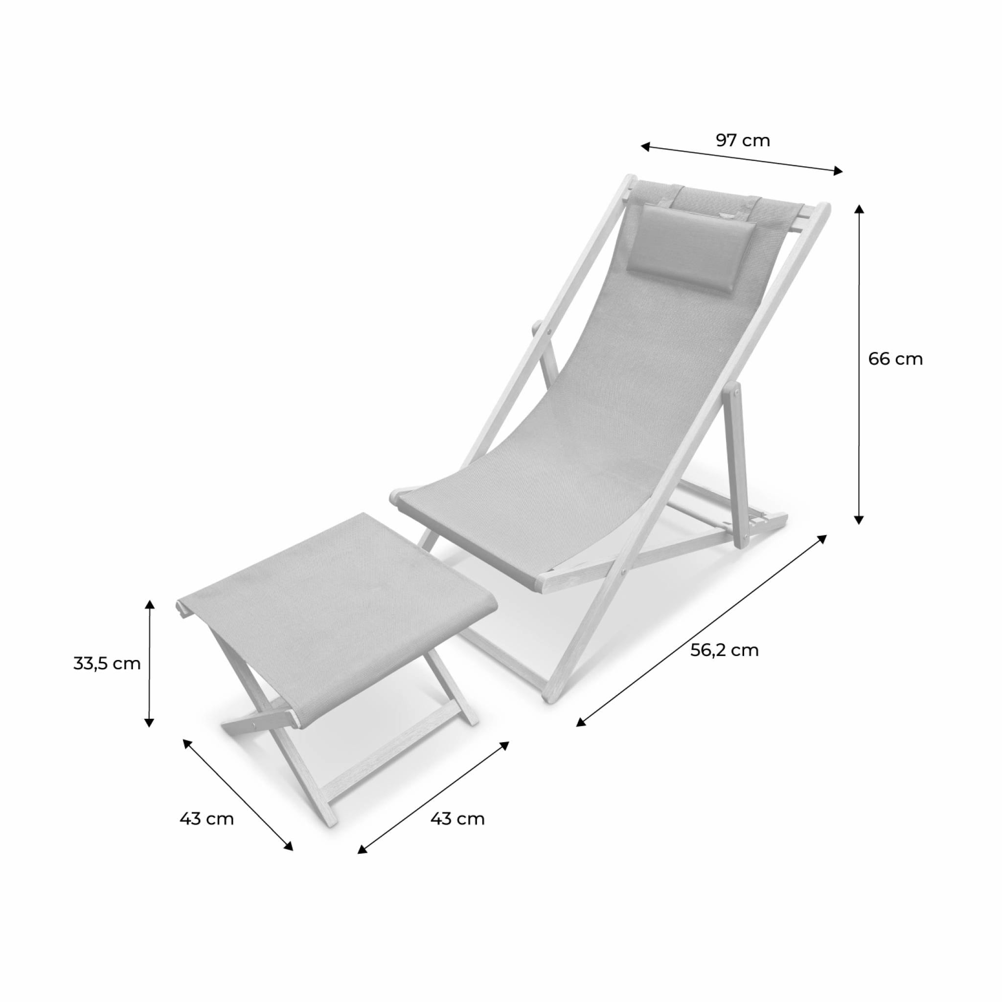 Chiliennes bois - Creus - 2 transats en bois d'Eucalyptus huilé avec coussin repose-tête gris et repose-pieds