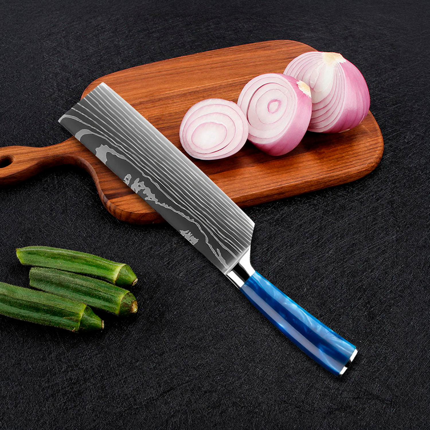 Set de cuchillos de chef con 10 piezas estilo Damasco con diseño elegante y mango ergonómico con extremos de acero.
