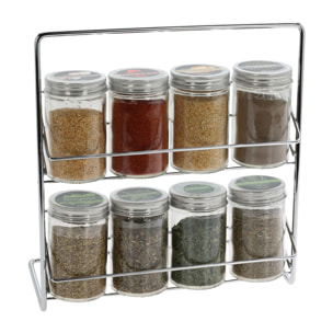 Conjunto de 8 botellas de especias en soporte metálico tapa de aluminio y botellas de vidrio 23xh24cm