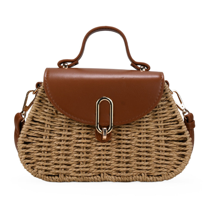 Bolso caja marrón claro con solapa y asa de cruzar