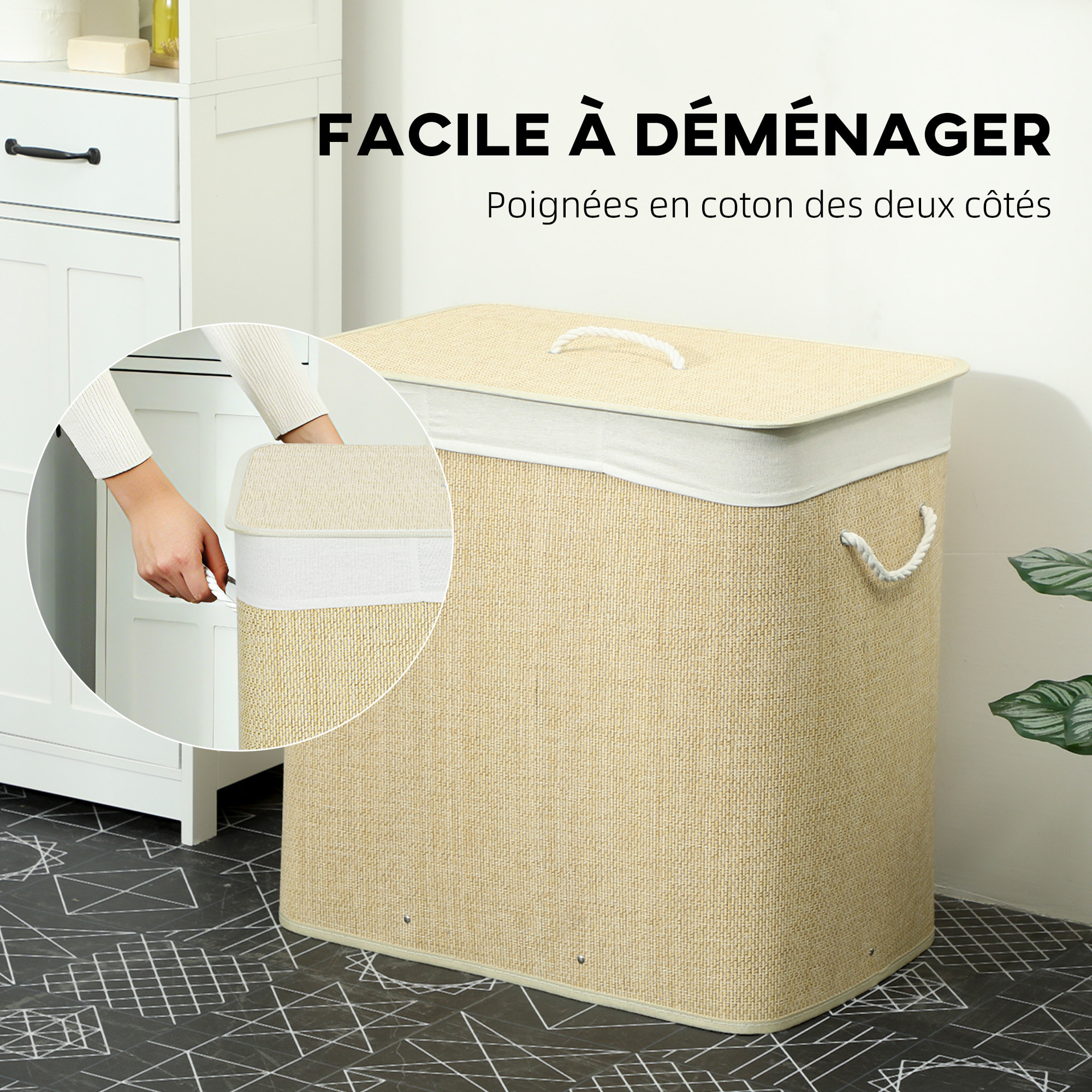 Panier à linge double 144L - corbeille à linge avec couvercle et poignées - tissage bambou écru