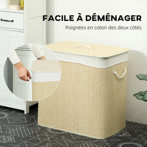 Panier à linge double 144L - corbeille à linge avec couvercle et poignées - tissage bambou écru