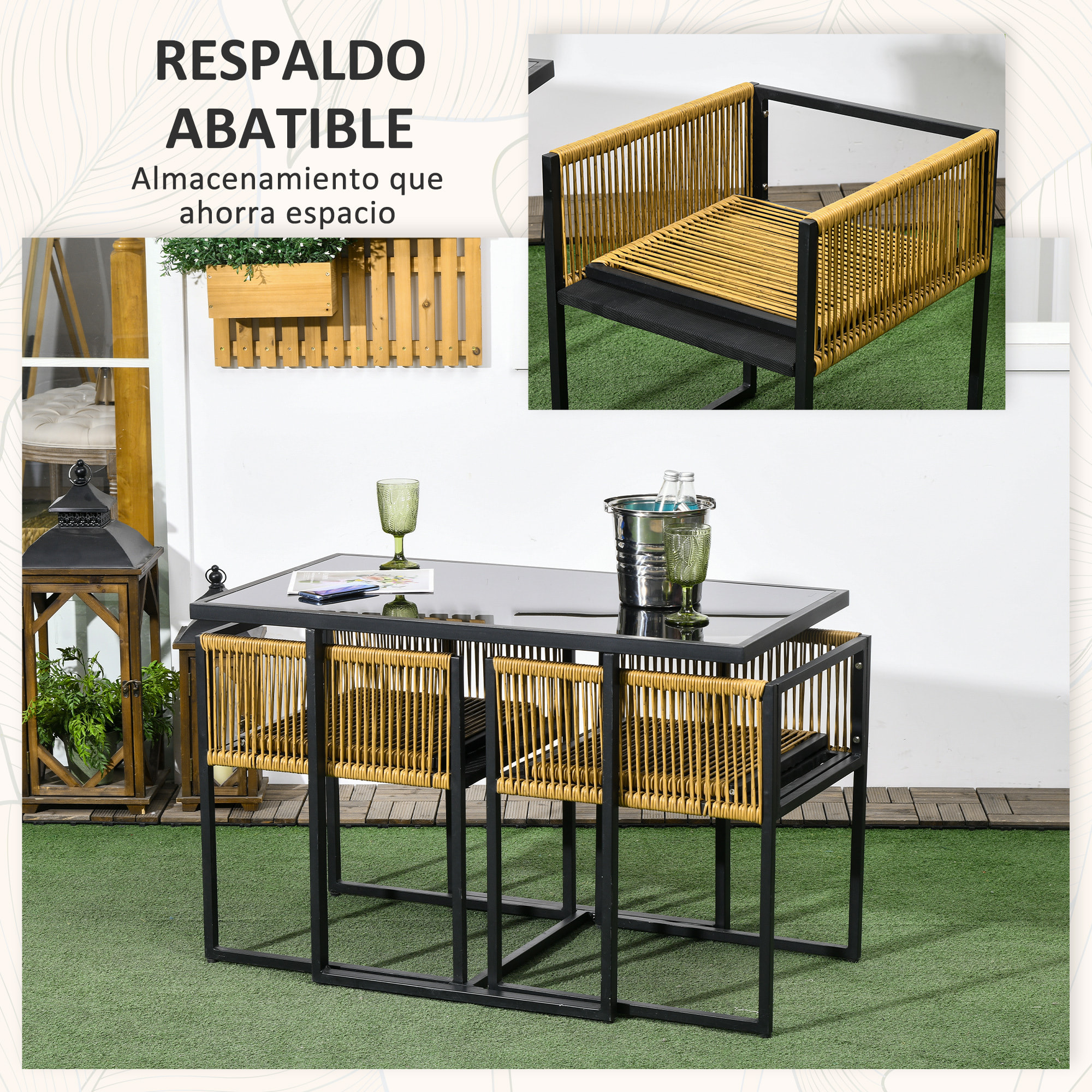 Conjunto de Mesa y Sillas de Jardín Exterior Juego de 3 Piezas Sillas con Respaldo Plegable y Cojines y Mesa de Cristal Diseño Anidado para Terraza Patio Natural y Negro