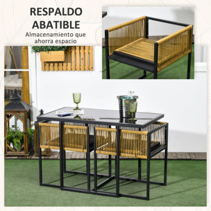 Conjunto de Mesa y Sillas de Jardín Exterior Juego de 3 Piezas Sillas con Respaldo Plegable y Cojines y Mesa de Cristal Diseño Anidado para Terraza Patio Natural y Negro