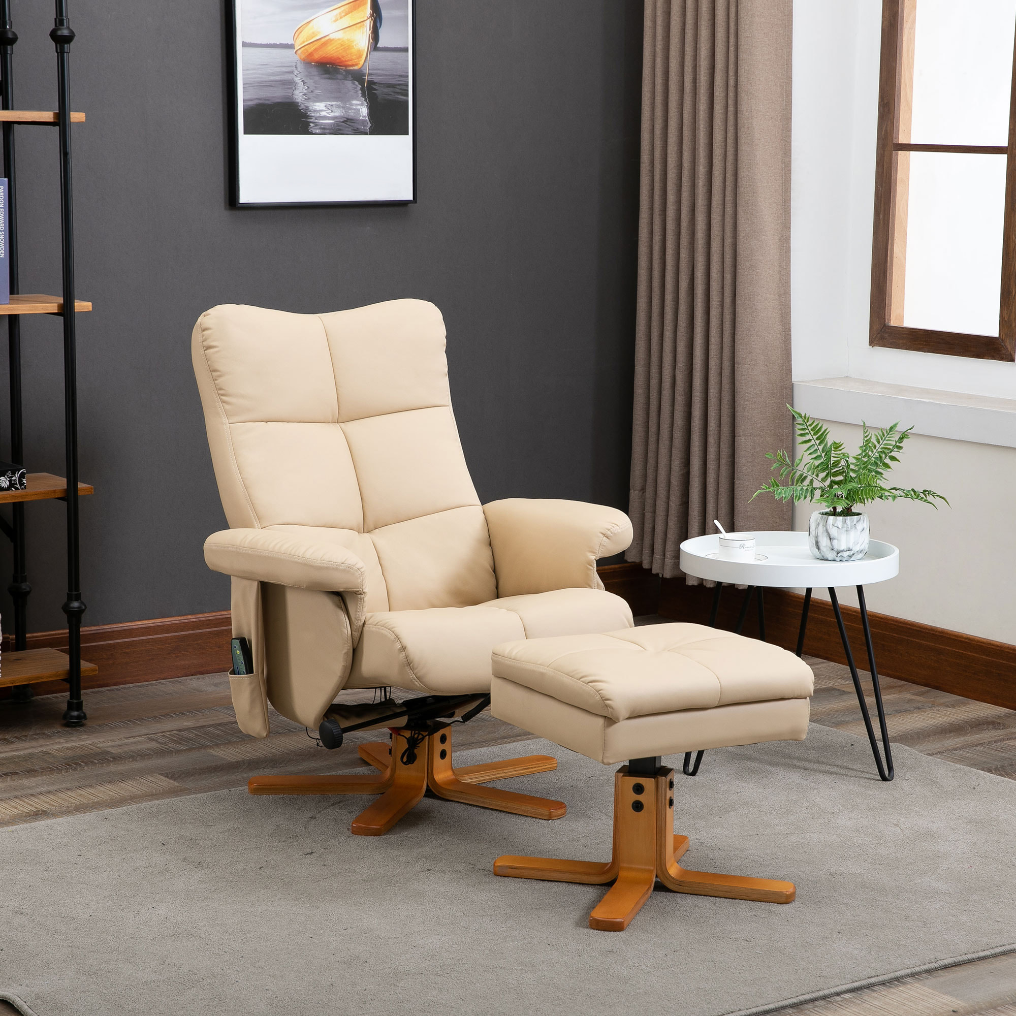 Sillón Relax Reclinable con Reposapiés Sillón de Masaje Eléctrico de PU con 10 Puntos de Masaje Función Reclinable Giratorio 360° Mando a Distancia Bolsillo Lateral para Salón Oficina Crema