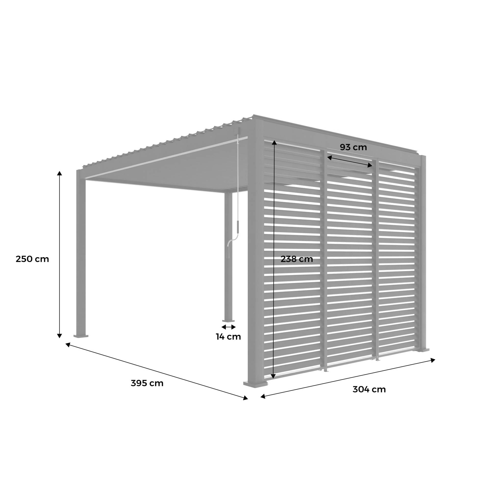 Pergola bioclimatique Triomphe 3x4 + 3 persiennes 100cm pour le côté de 3m. panneau brise vue. L 400 x P 300 x H 250 cm