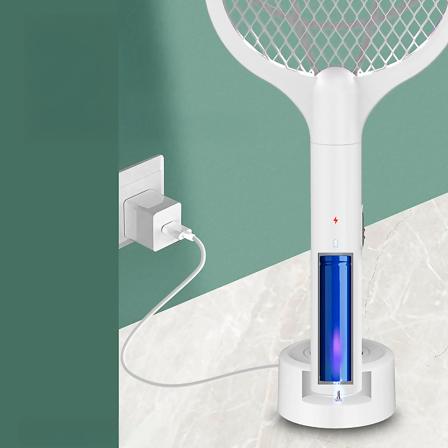 Racchetta elettrica per zanzare con scarica di 3000V, batteria da 1200mAh e 4 impostazioni di luminosità.