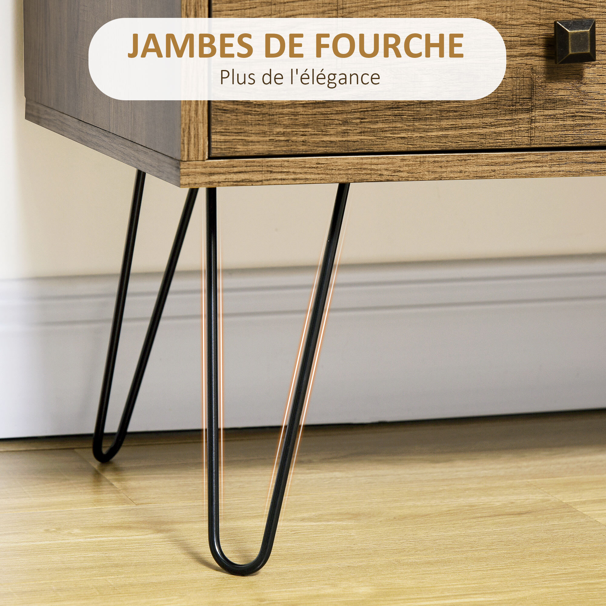 Buffet style industriel motif graphique - porte, étagère, 4 tiroirs - piètement épingle métal noir aspect bois