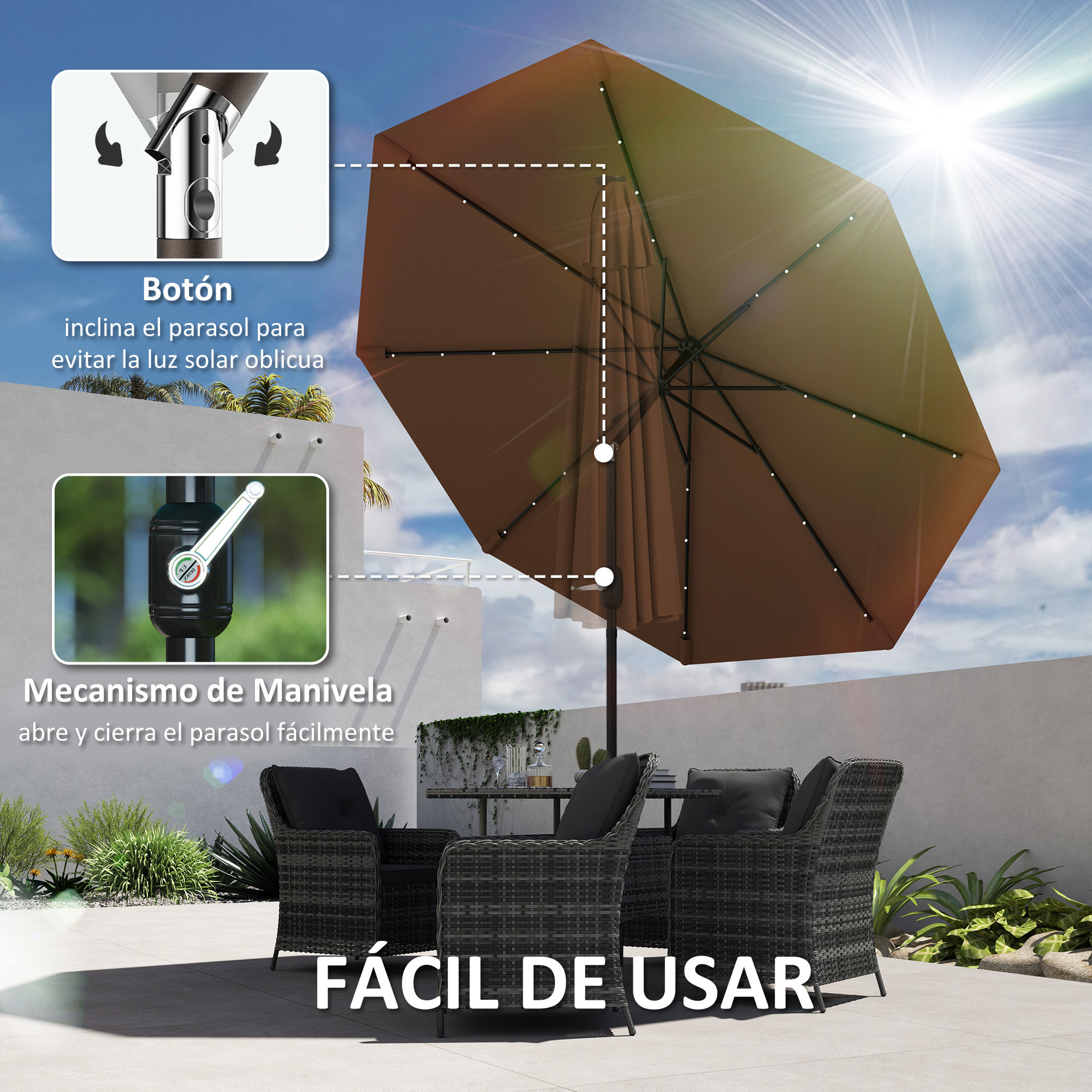 Sombrilla Terraza Exterior Ø265 cm Sombrilla de Jardín con 32 Luces LED Solares Poste de Acero y Manivela Parasol Inclinable para Patio Terraza Marrón
