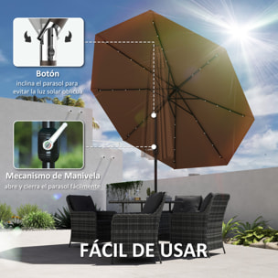 Sombrilla Terraza Exterior Ø265 cm Sombrilla de Jardín con 32 Luces LED Solares Poste de Acero y Manivela Parasol Inclinable para Patio Terraza Marrón