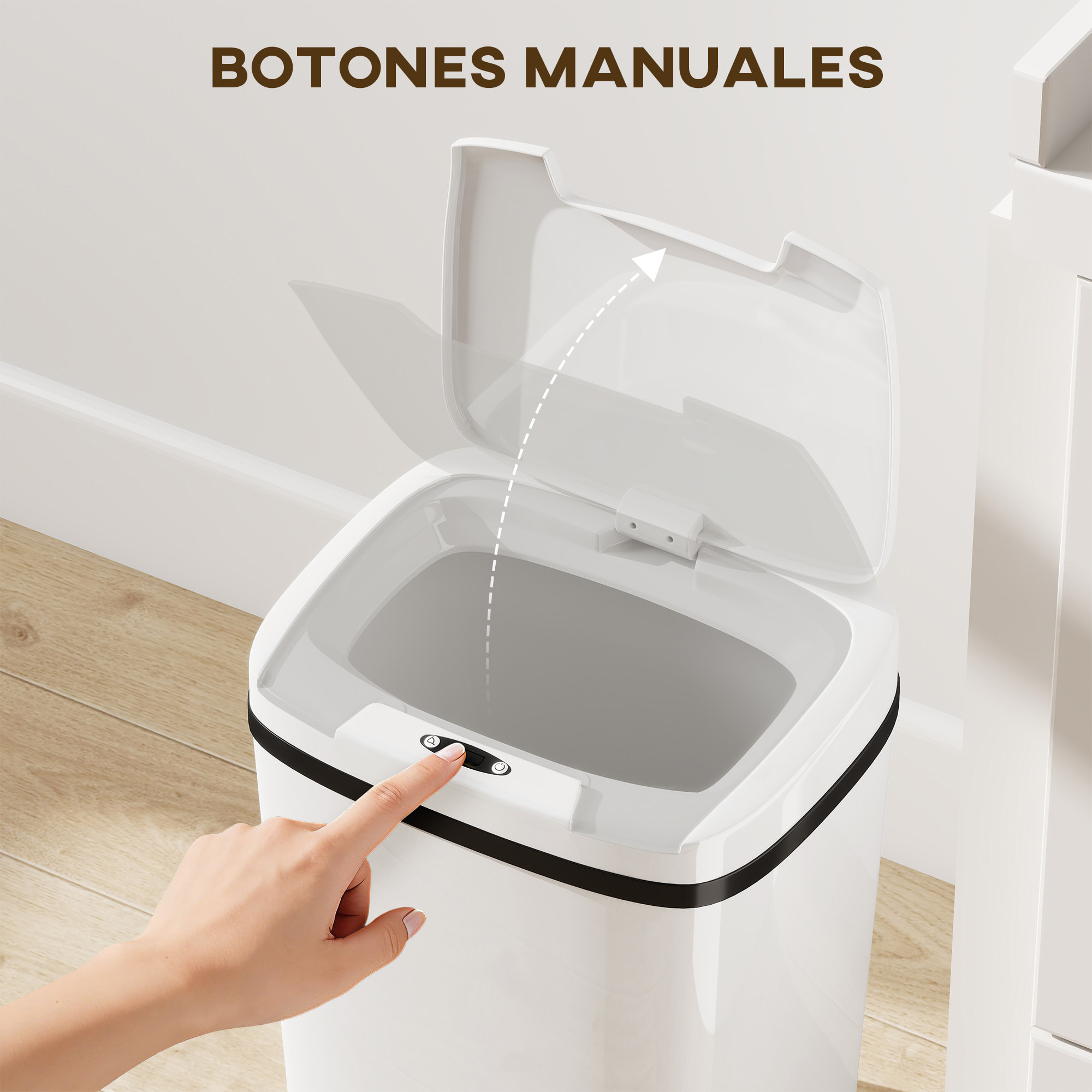 Cubo de Basura Cocina Automático 15 L, Papelera de Cocina con Sensor Infrarrojo y Modo Manual, Anillo de Retención, Antihuellas, para Oficina, Hogar, Blanco