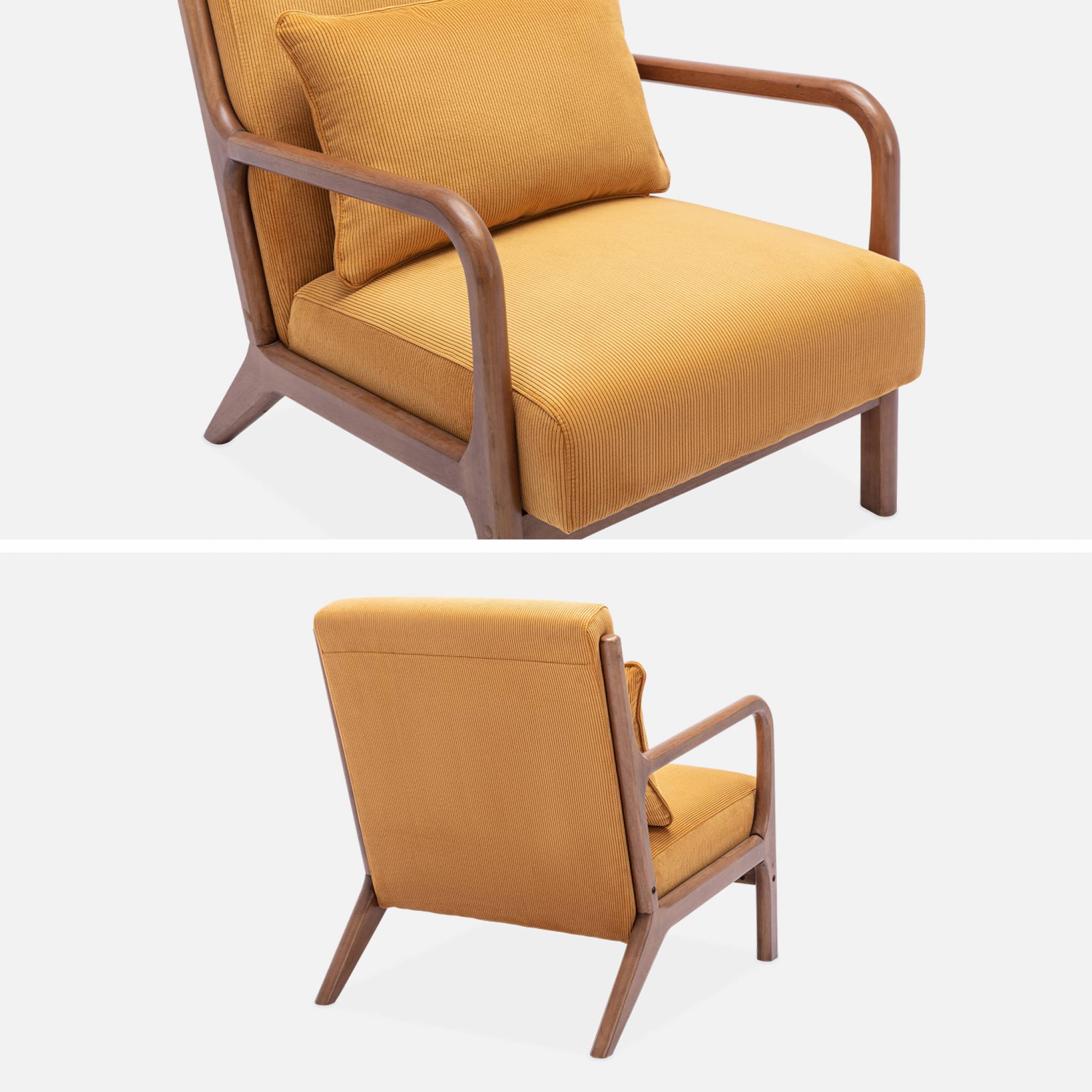 Fauteuil velours côtelé ocre. pieds bois d'hévéa teinté noyer clair. 1 place droit fixe. pieds compas scandinave. structure en bois solide