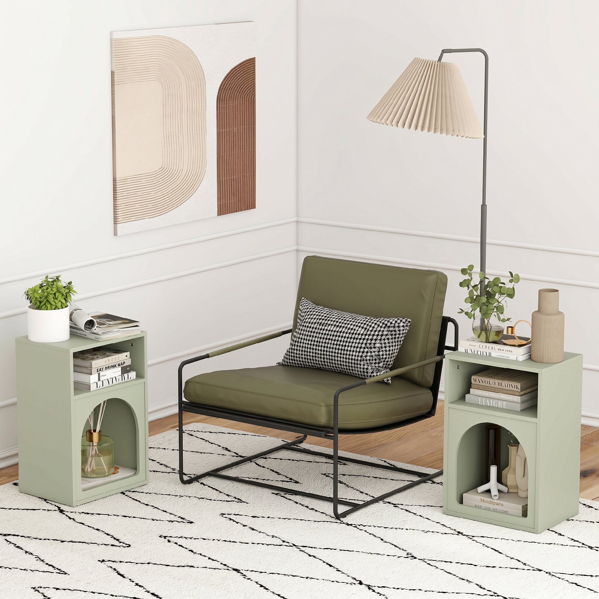Juego de 2 Mesitas de Noche Modernas Mesillas de Noche Estrechas con 2 Compartimentos Abiertos Diseño en Forma de Arco Mesas Auxiliares para Salón Dormitorio 40x30x60 cm Verde Claro