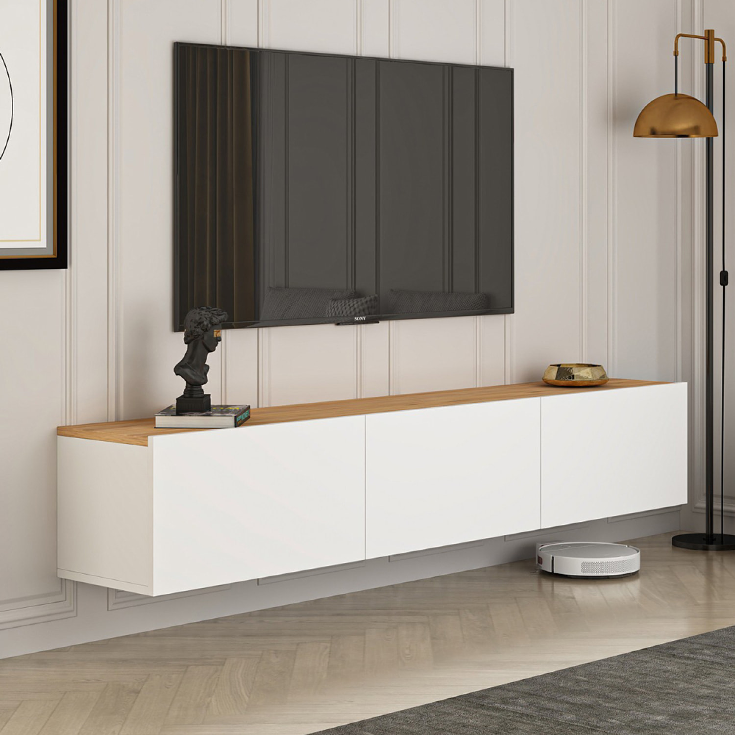 NEVADA Meuble TV suspendu avec placards 150cm blanc et bois