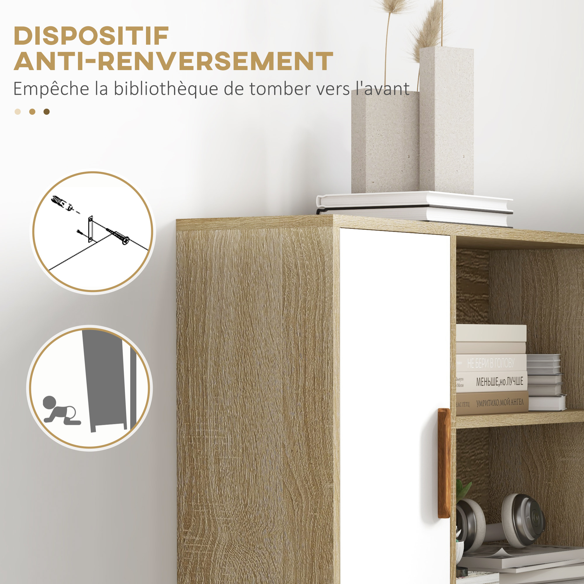 Bibliothèque scandinave 4 niches + 2 placards avec étagère dim. 80L x 24l x 123H cm pieds effilés inclinés bois massif panneaux particules naturel et blanc