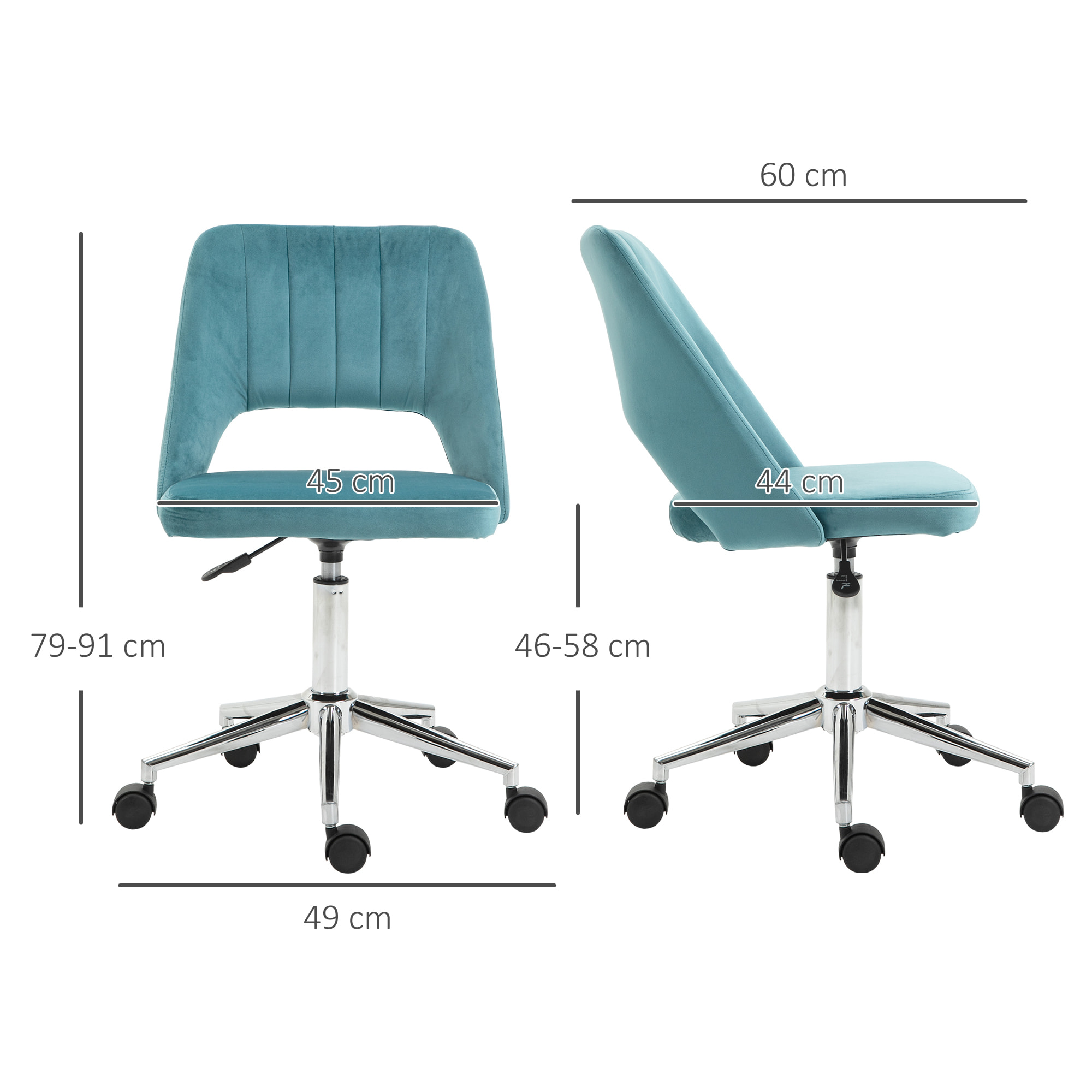 Chaise de bureau design contemporain dossier ergonomique ajouré strié hauteur réglable pivotante 360° piètement chromé velours bleu canard