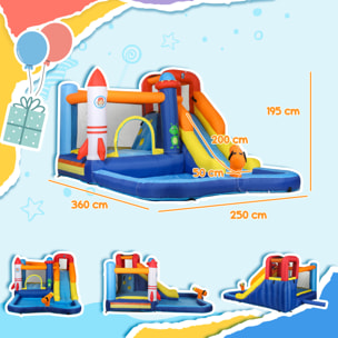 Castillo Hinchable con Soplador 5 en 1 Parque Acuático Hinchable para Niños con Tobogán Piscina de Chapoteo Escalada y Cañón de Agua para Exterior Interior 360x250x195 cm