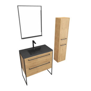 Meuble Salle de Bains 80 cm, Vasque Noire, Miroir Led et Colonne - Chêne Naturel - STRUCTURA