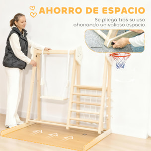 Tobogán Infantil 5 en 1, Estructura de Escalada de Madera con Tobogán, Columpio, Aro de Baloncesto, Tabla, Red de Escalada, Parque Plegable para Niños de 3-6 Años, Interior, Exterior, Natural