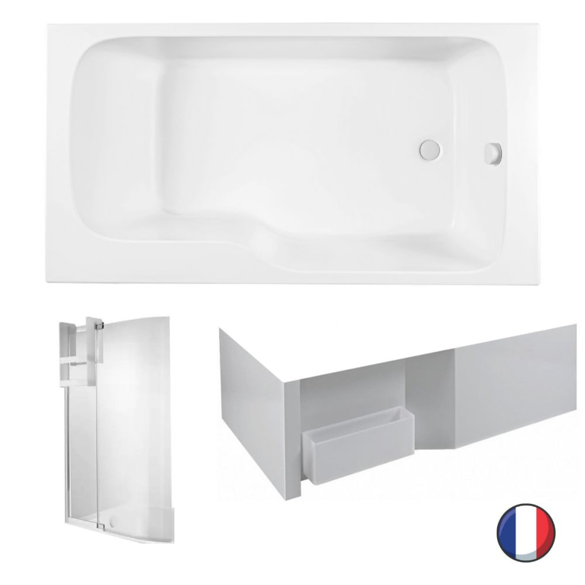 Baignoire bain douche Malice + tablier + pare bain + étagère