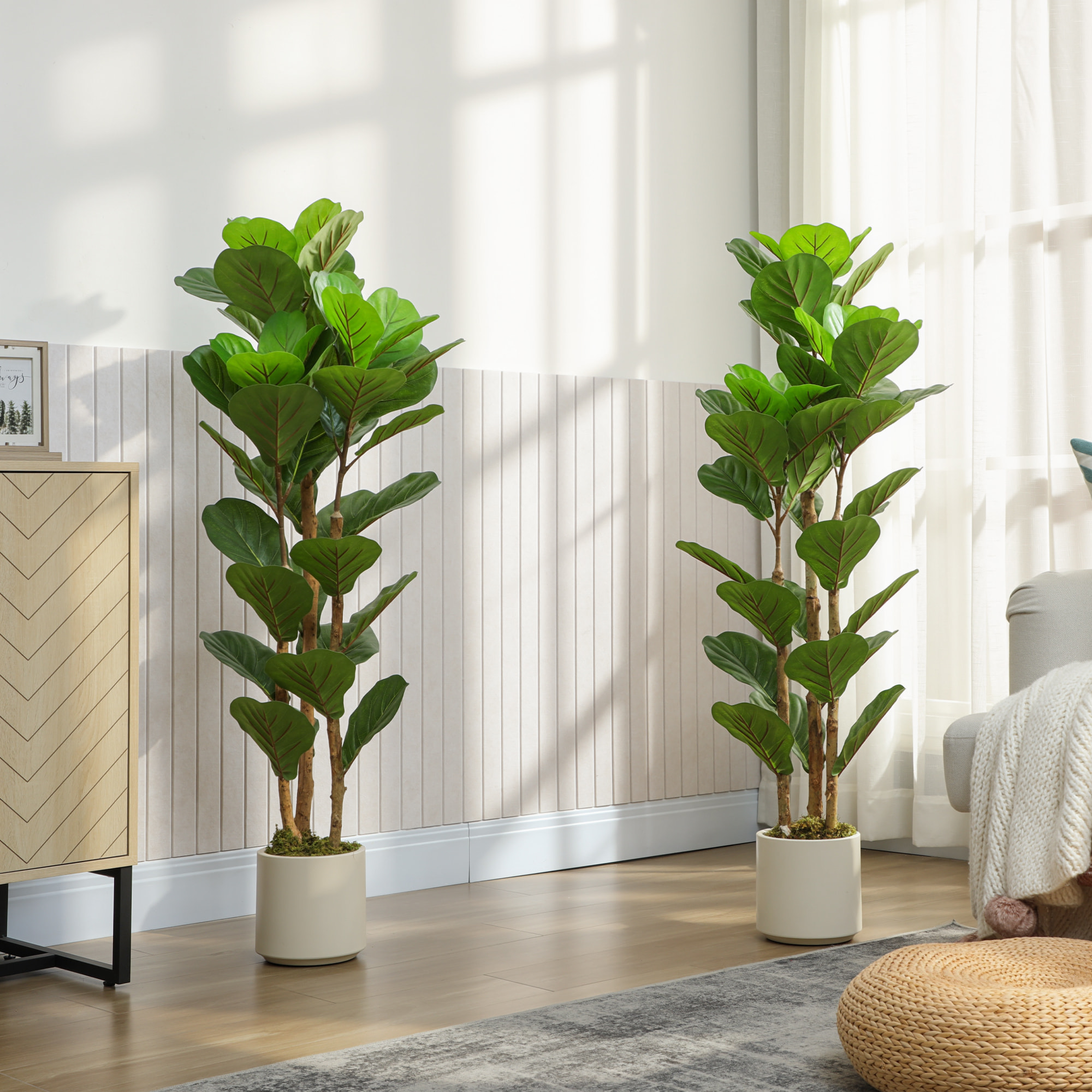Lot de 2 plantes artificielles figuier lyre H.1,2 m vrais troncs 45 feuilles grand réalisme