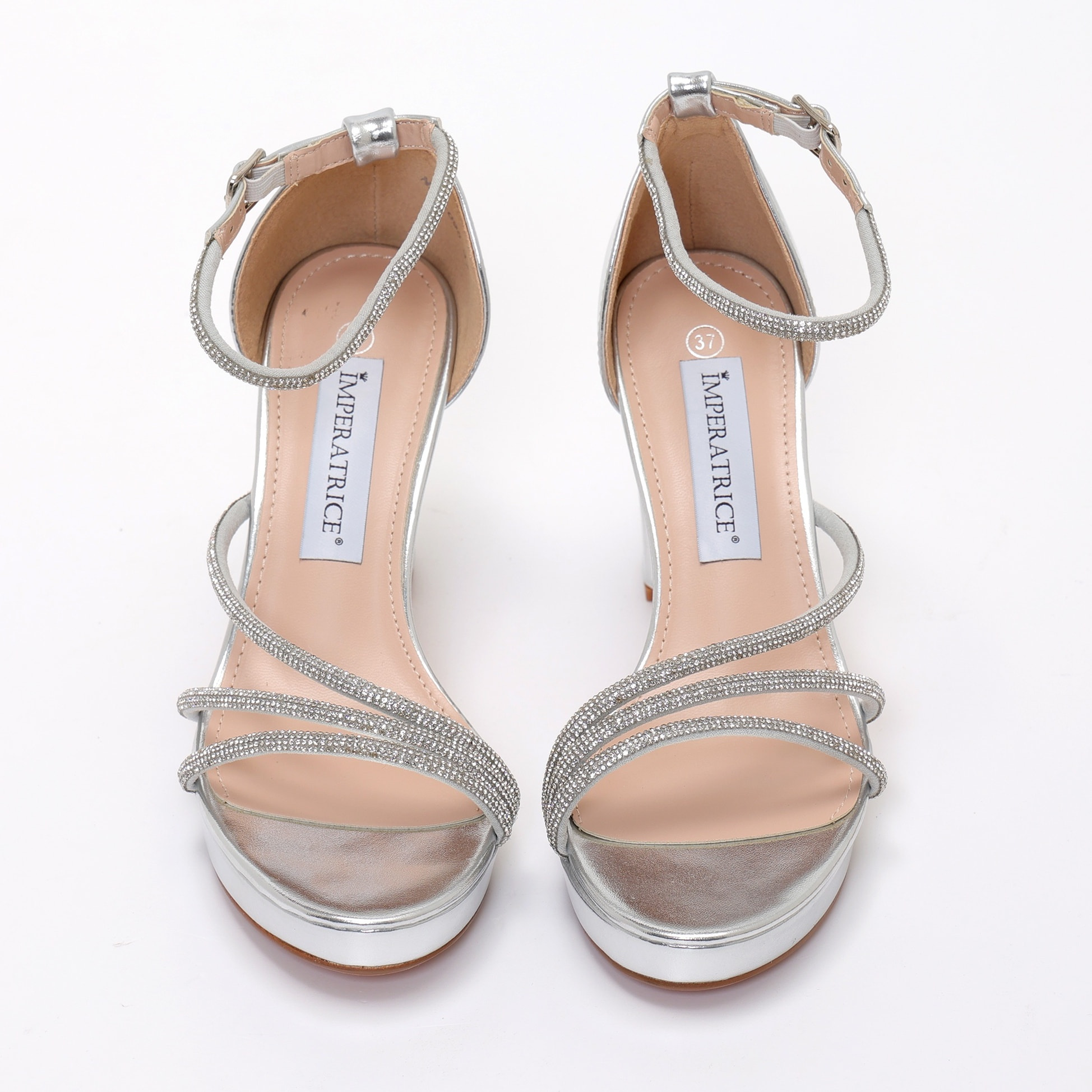 Sandali in simil pelle con tacco alto comodo e fasce ricoperte di strass