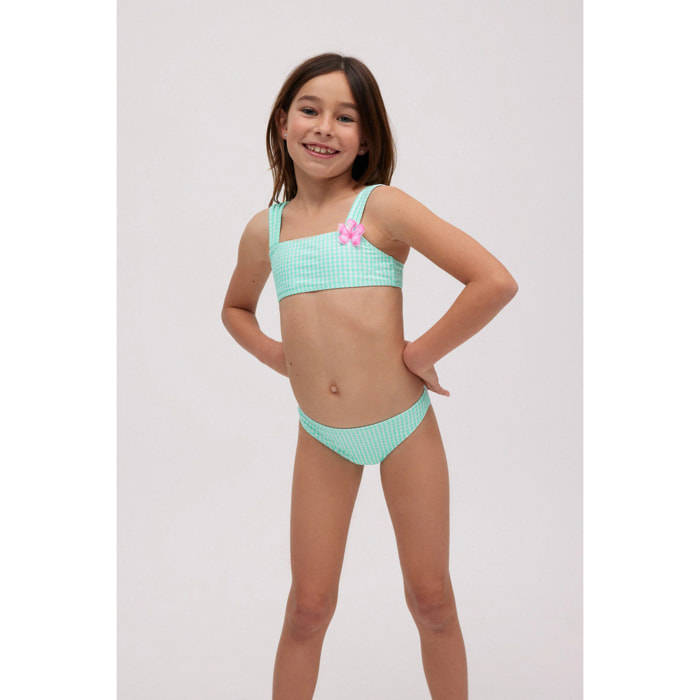 Set bikini da bambina a quadretti con dettagli floreali