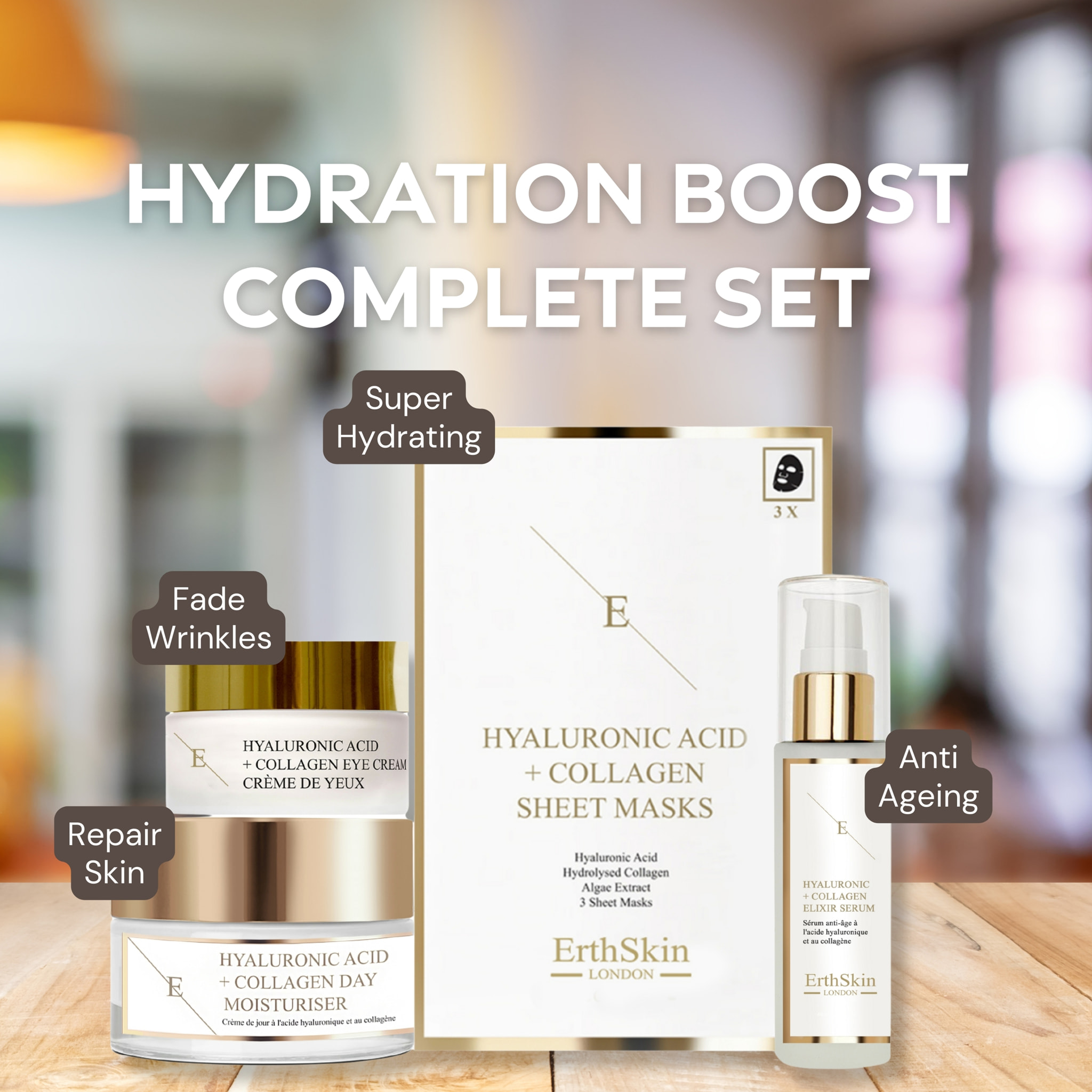 Ácido Hialurónico y Colágeno Crema de Día 50ml + Ácido Hialurónico y Colágeno Serum - 60ml + Ácido Hialurónico y Colágeno Mascarilla - 3 hojas+Ácido Hialurónico y Colágeno Pro Age Contorno de Ojos 30ml