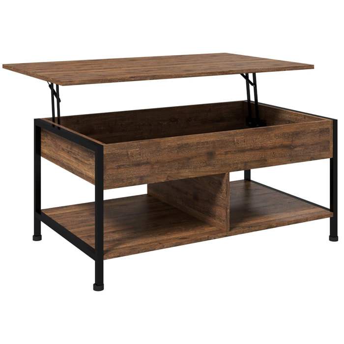 Table basse relevable - étagère inférieure, coffre de rangement - dim. 100L x 80l x 60H cm - aspect bois rustique noir