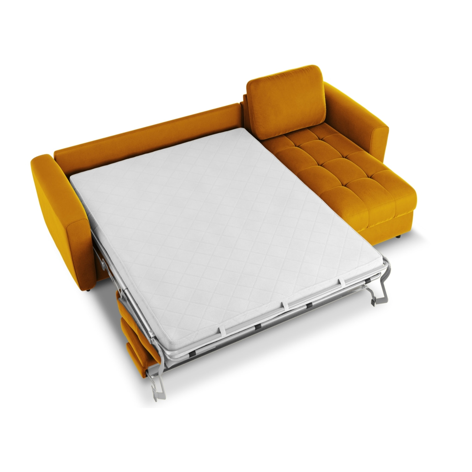 Canapé d'angle droit convertible avec coffre de rangement "Audra" 4 places en velours jaune