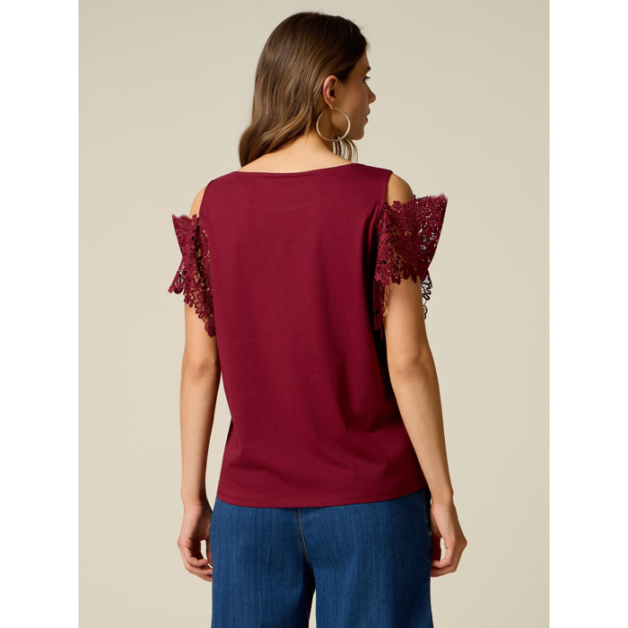 Oltre - T-shirt con maniche in pizzo e cut-out - Bordeaux