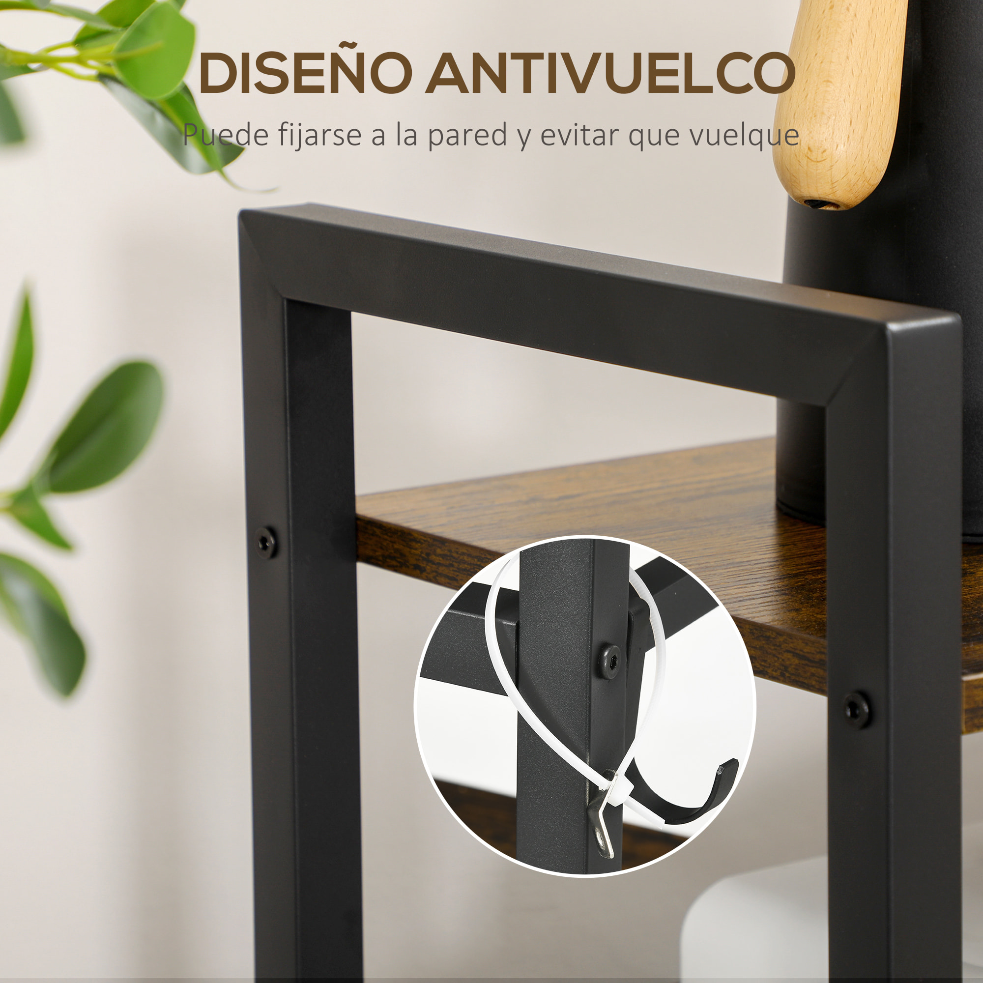 Estantería de Cocina de 4 Niveles Estante de Cocina con 4 Estantes Ganchos y Sistema Antivuelco Estantería para Microondas 65x30x102 cm Marrón Rústico y Negro