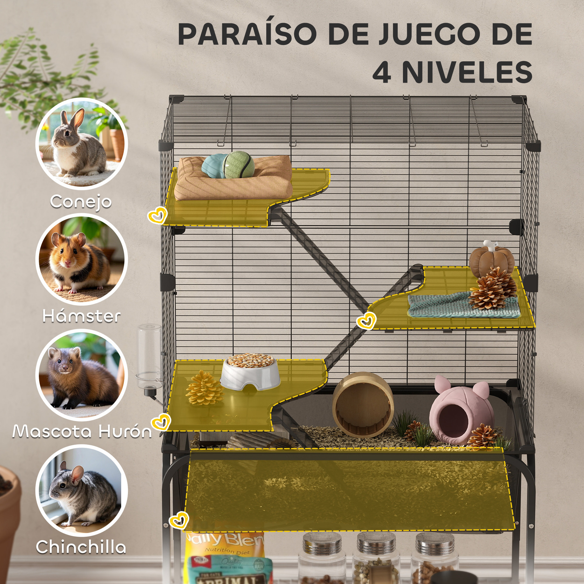 Jaula para Animales Pequeños de 4 Niveles con Ruedas Jaula para Roedores con Bandeja Profunda Rampas Plataformas Comedero y Bebedero Recinto para Chinchillas Hurones Hámster 73x47x123 cm Negro
