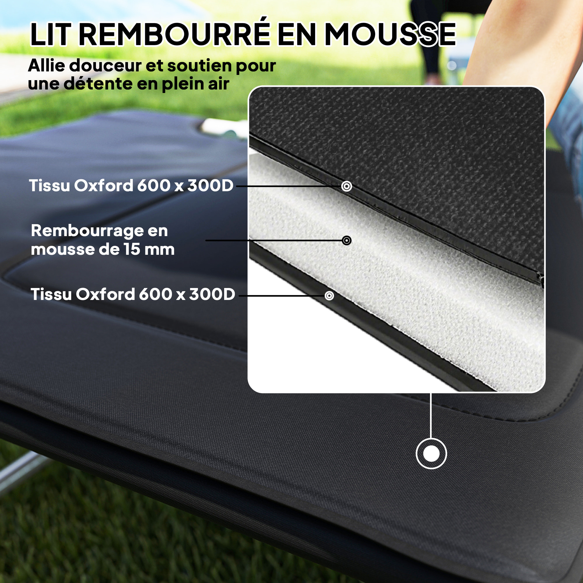 Lit de camp pliable avec matelas grand confort - oreiller amovible, antidérapant - métal polyester noir