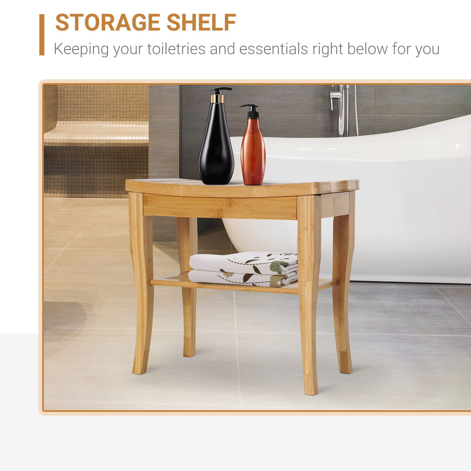 Taburete de Baño de Bambú con Estante de Almacenamiento Banco de Baño Antideslizante Impermeable y Robusta Taburete de Ducha para Hogar Salón Dormitorio SPA 47,5x26x44,5 cm Natural