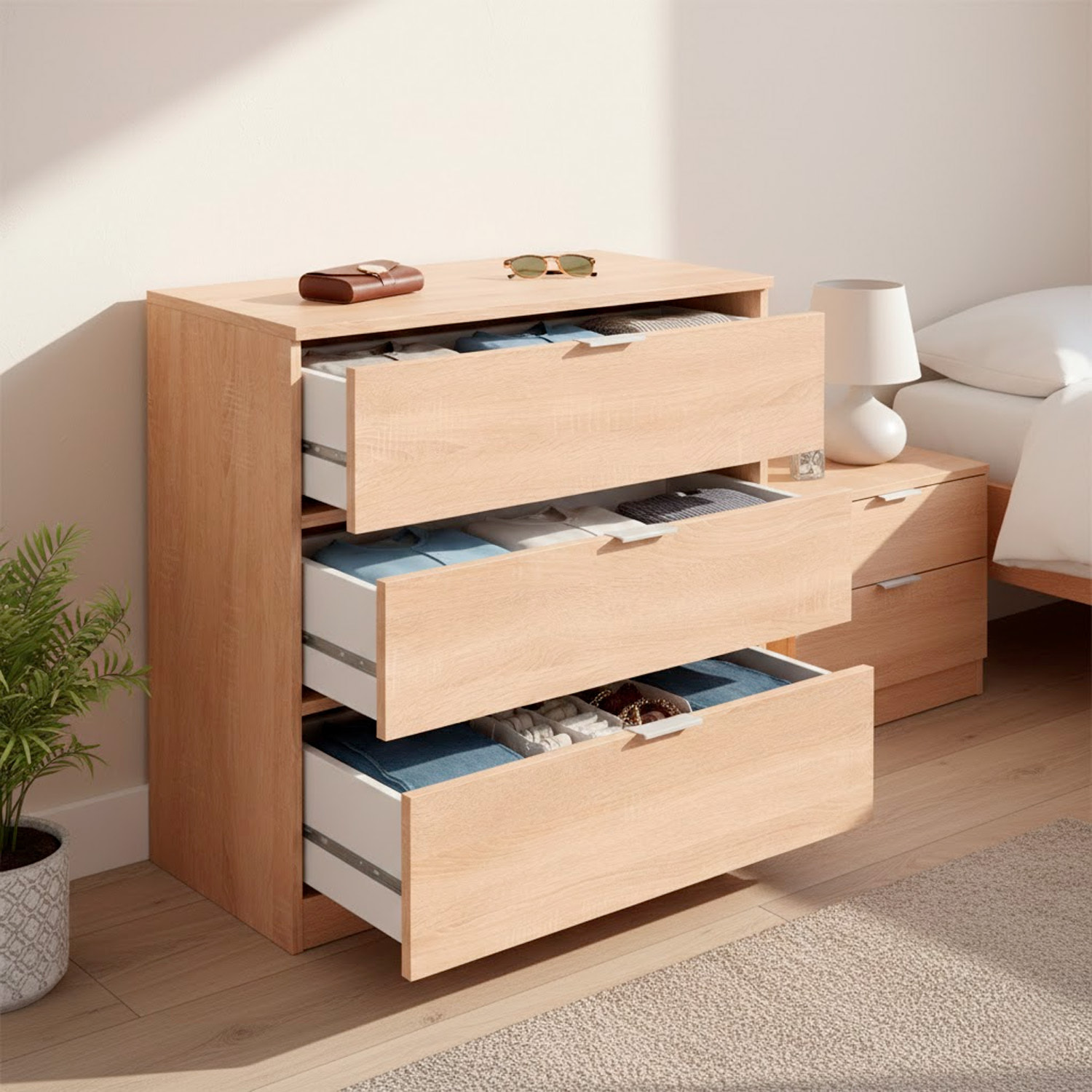 Cassettiera 3 Cassetti Comodino Senza Piedi Comò Mobile Camera da Letto Salvaspazio Design Minimal Moderno 77 x 38 x 80 Cm Rovere Canadese
