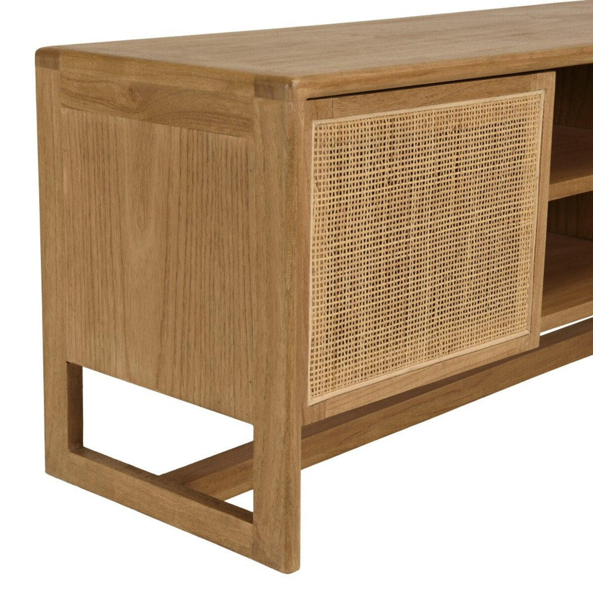 AMY - Meuble TV 3 portes 2 niches L180cm en bois de mindi et rotin naturel