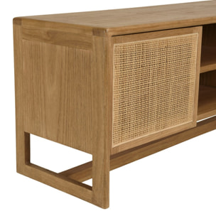 AMY - Meuble TV 3 portes 2 niches L180cm en bois de mindi et rotin naturel