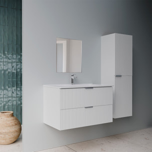 Pack Meuble salle de bain 80cm et Colonne de rangement - Façades Blanches Ondulées - MILO