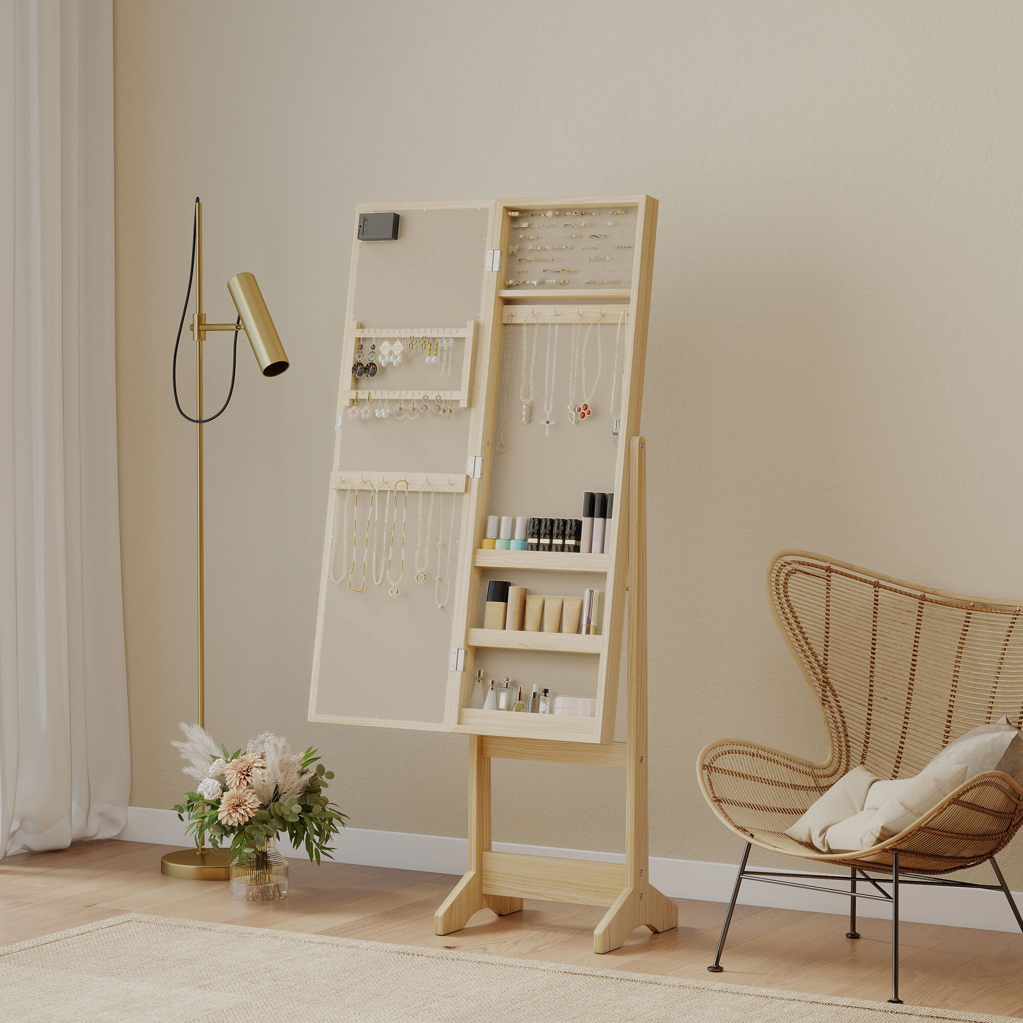 Espejo Joyero con Luces LED, Armario para Joyas, Armario Joyero de Pie con Espejo Entero, Ángulo Ajustable, con Estantes, Ranuras para Anillos, Madera Natural