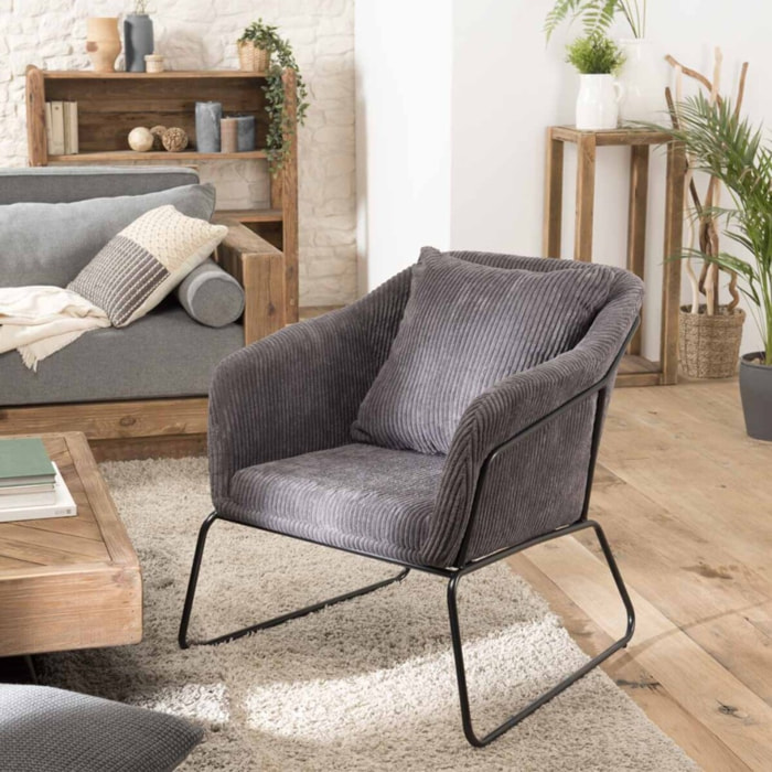 AGATHE - Fauteuil tissu velours cotelé gris anthracite pieds évasés métal