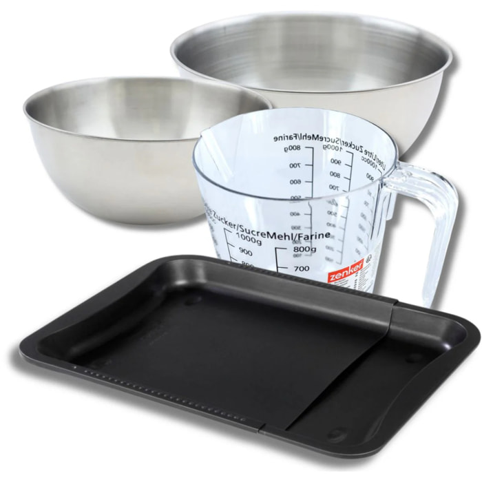 Set pâtisserie avec plaque de four extensible de 35-52 cm, 2 bols à mixer, verre mesureur et spatule Zenker