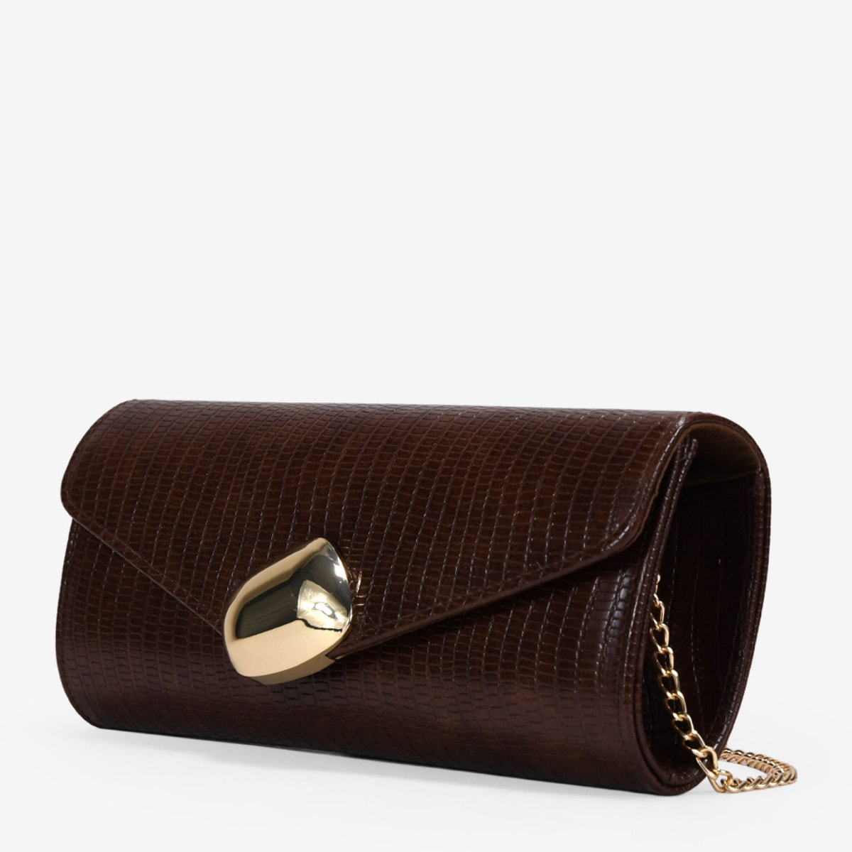 Bolso de fiesta marrón con solapa y aplique
